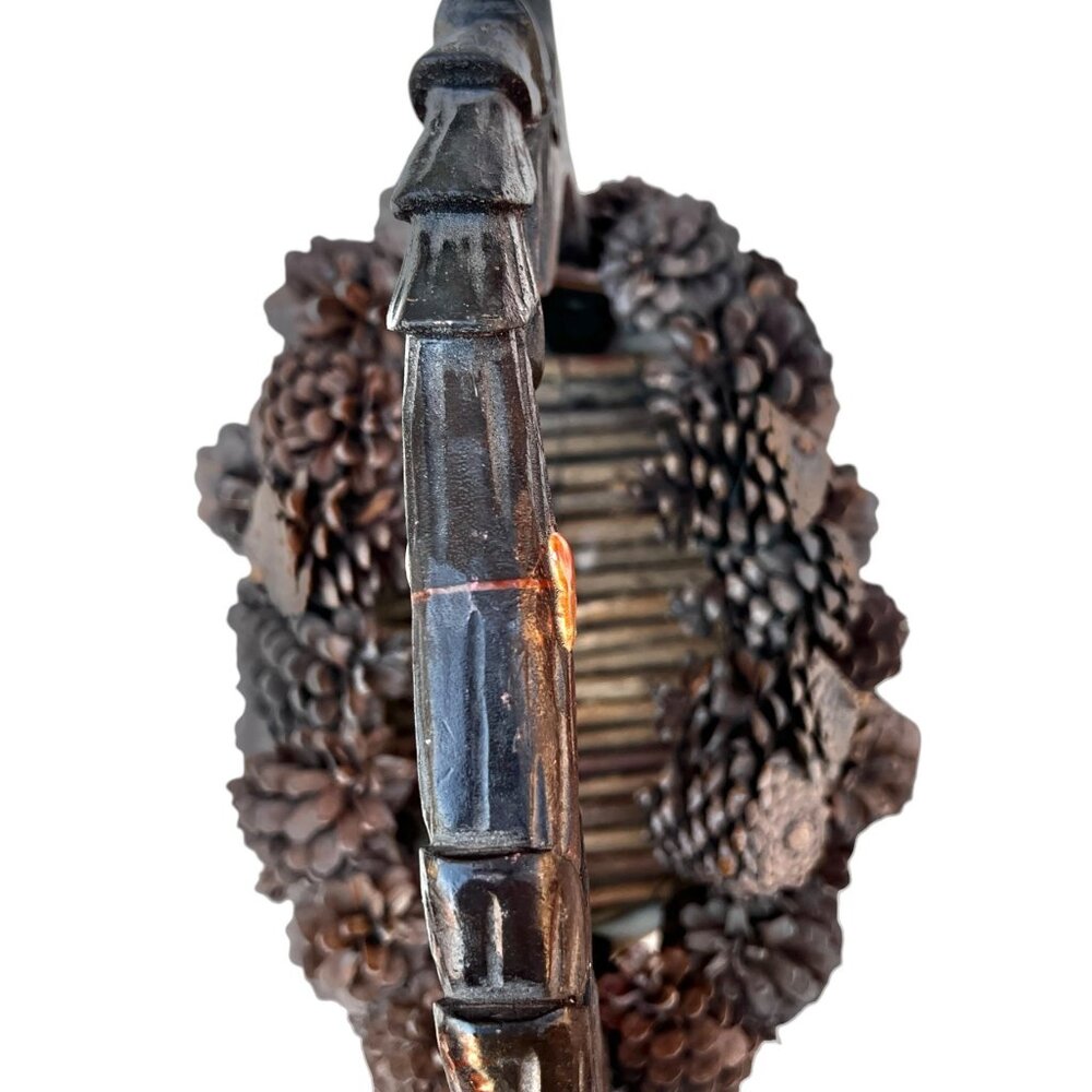 Pinecone Basket with Hand-Carved Wooden Deer Handle Dated 1994 - Picture 9 of 9